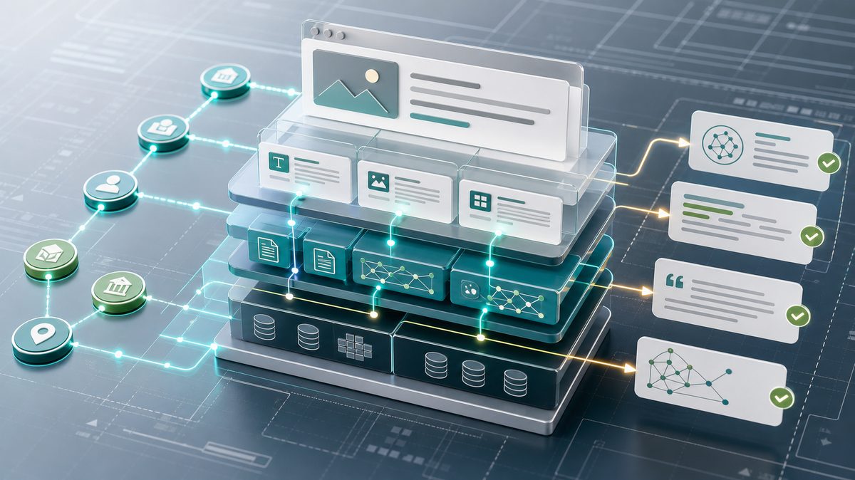 Ilustracion editorial sobre arquitectura web machine-first, datos estructurados y visibilidad en IA