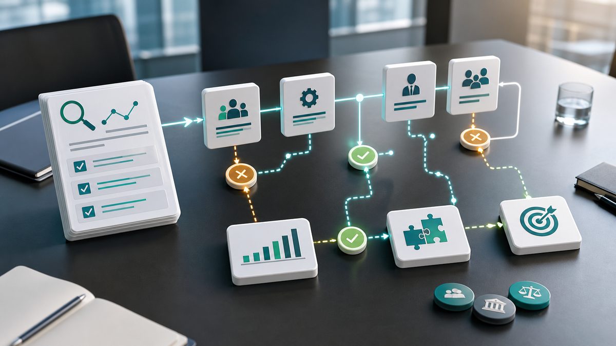 Ilustracion editorial sobre recomendaciones SEO enterprise, equipos y toma de decisiones