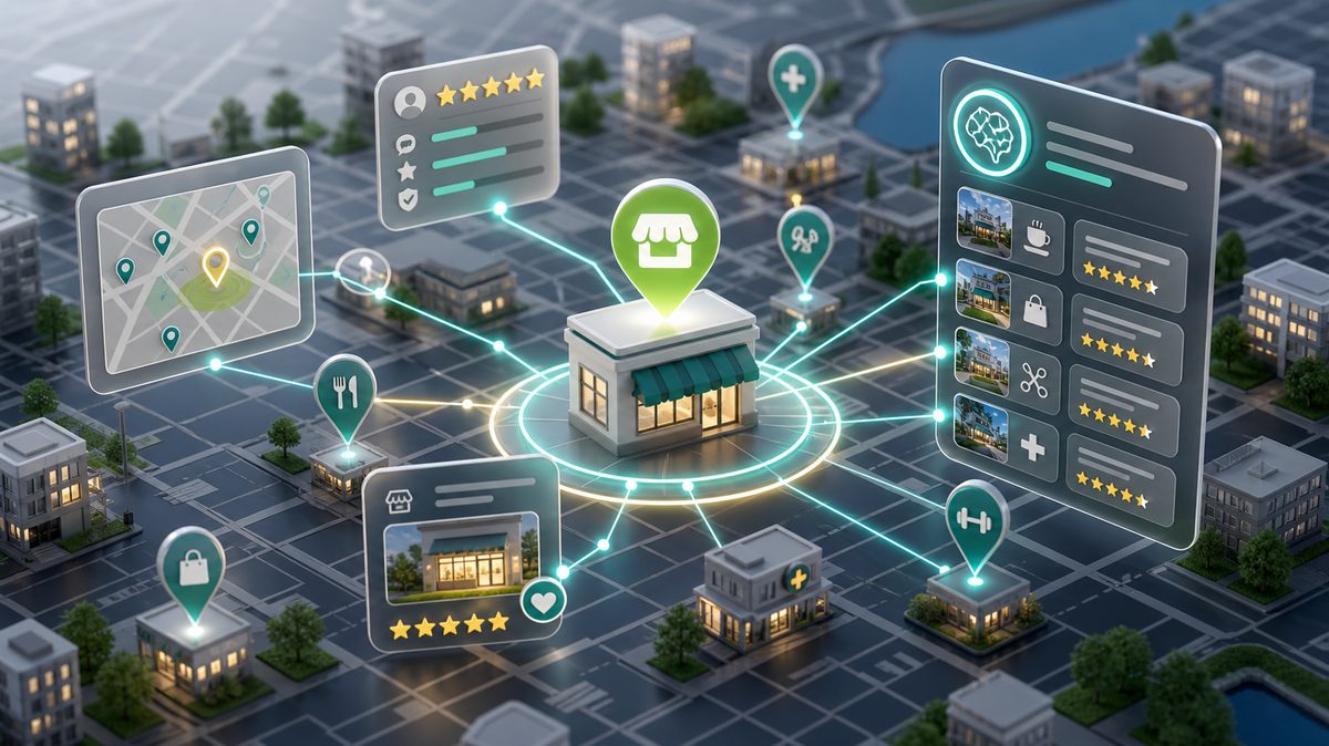 Ilustracion editorial sobre SEO local, reputacion, mapas y recomendaciones generadas por IA