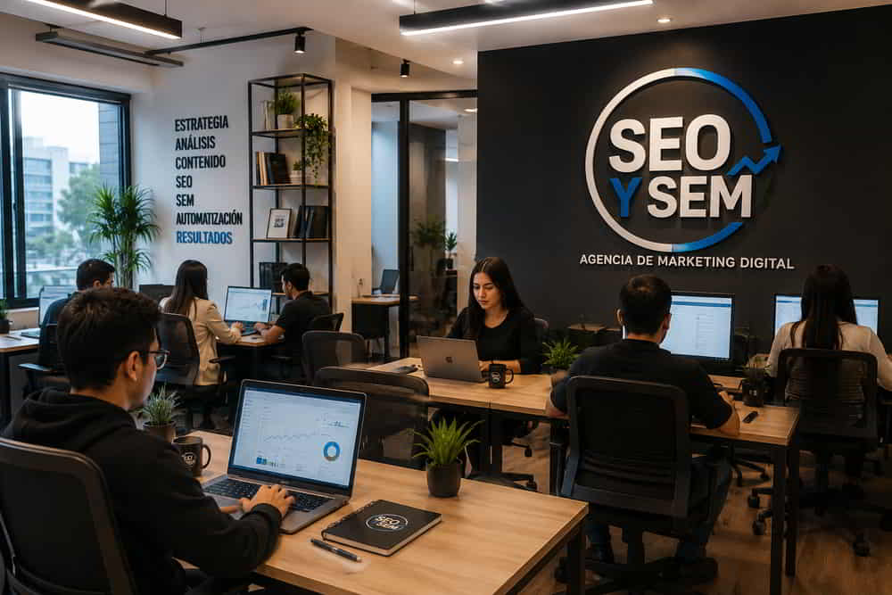 Equipo de SEO y SEM trabajando en servicio de marketing digital para empresas