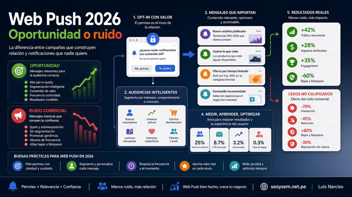 Imagen editorial para Web push advertising en 2026: oportunidad real o ruido comercial